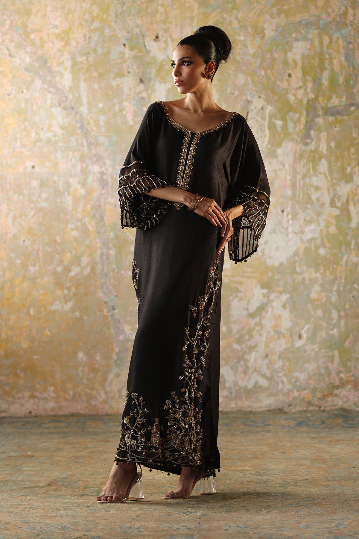 Pakistani Black Embellished Raw Silk Kaftan (2-Piece) - Image 3