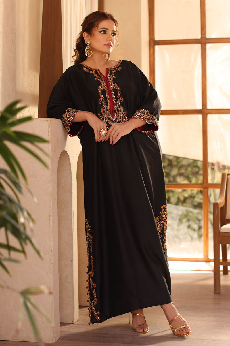 Pakistani Black Handworked Pure Raw Silk Kaftan (1-Pc) - Image 1