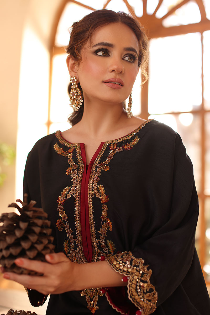 Pakistani Black Handworked Pure Raw Silk Kaftan (1-Pc) - Image 2