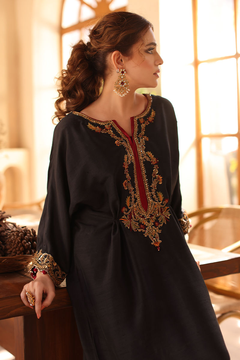 Pakistani Black Handworked Pure Raw Silk Kaftan (1-Pc) - Image 3