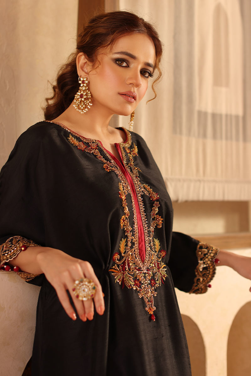 Pakistani Black Handworked Pure Raw Silk Kaftan (1-Pc) - Image 8