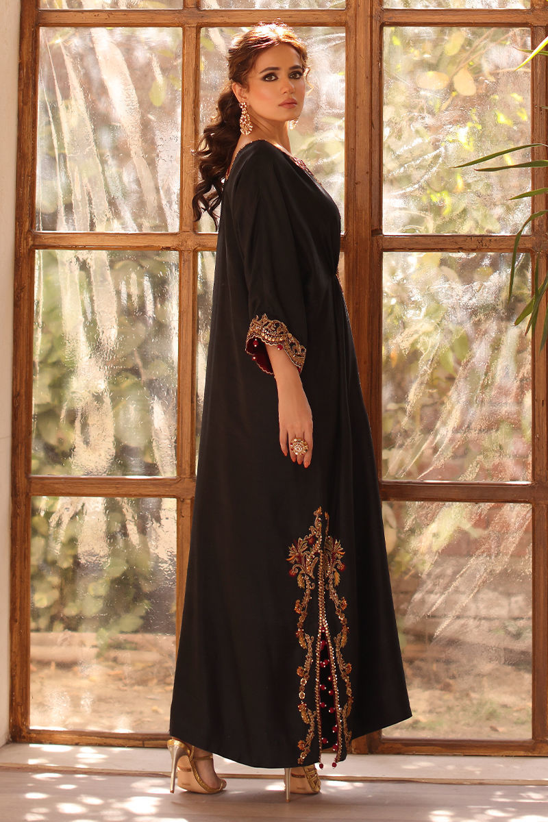 Pakistani Black Handworked Pure Raw Silk Kaftan (1-Pc) - Image 9