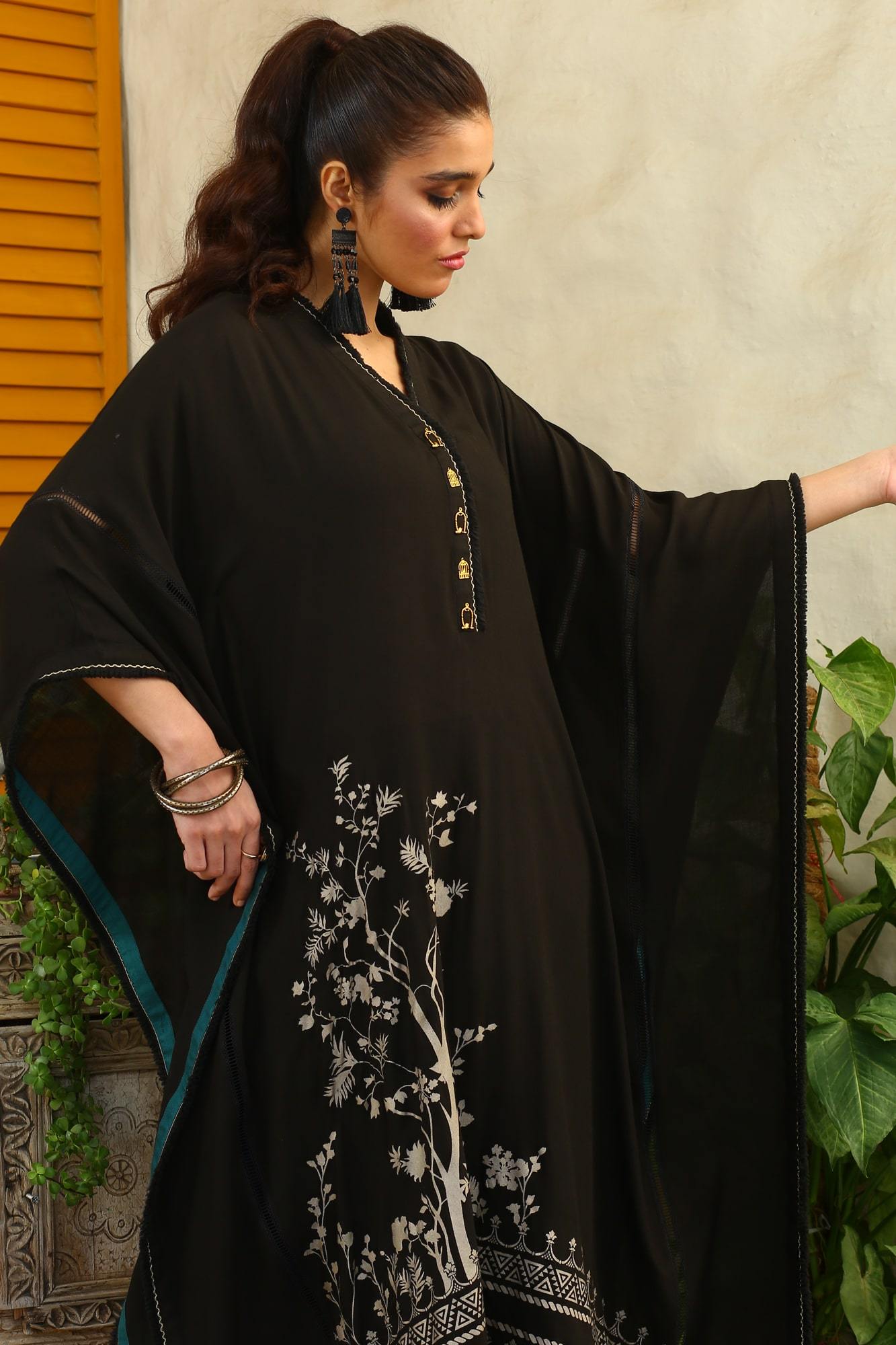 Pakistani Black Screen Printed PK Raw Silk Kaftan (1-Pc) - Image 1