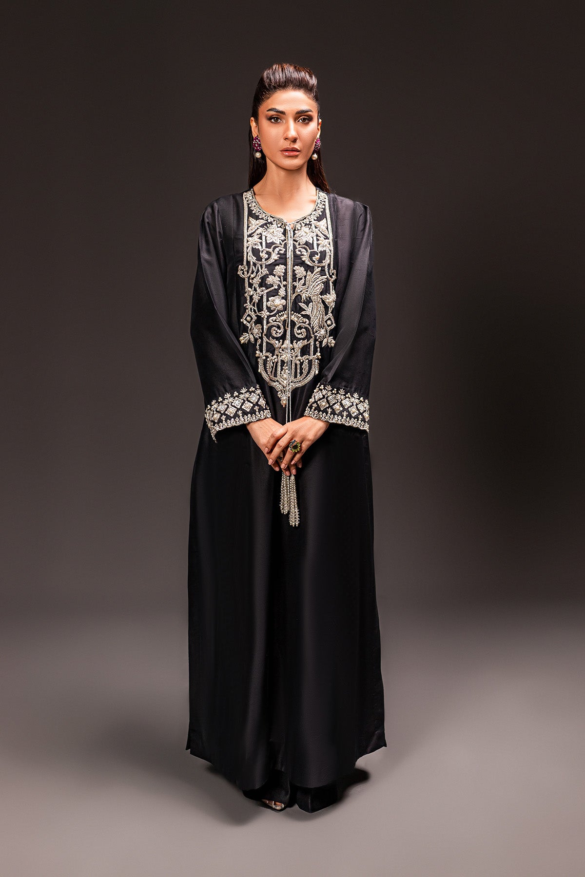 Pakistani Black Zardozi Embroidered Pure Raw Silk Kaftan (2-Piece) - Image 1