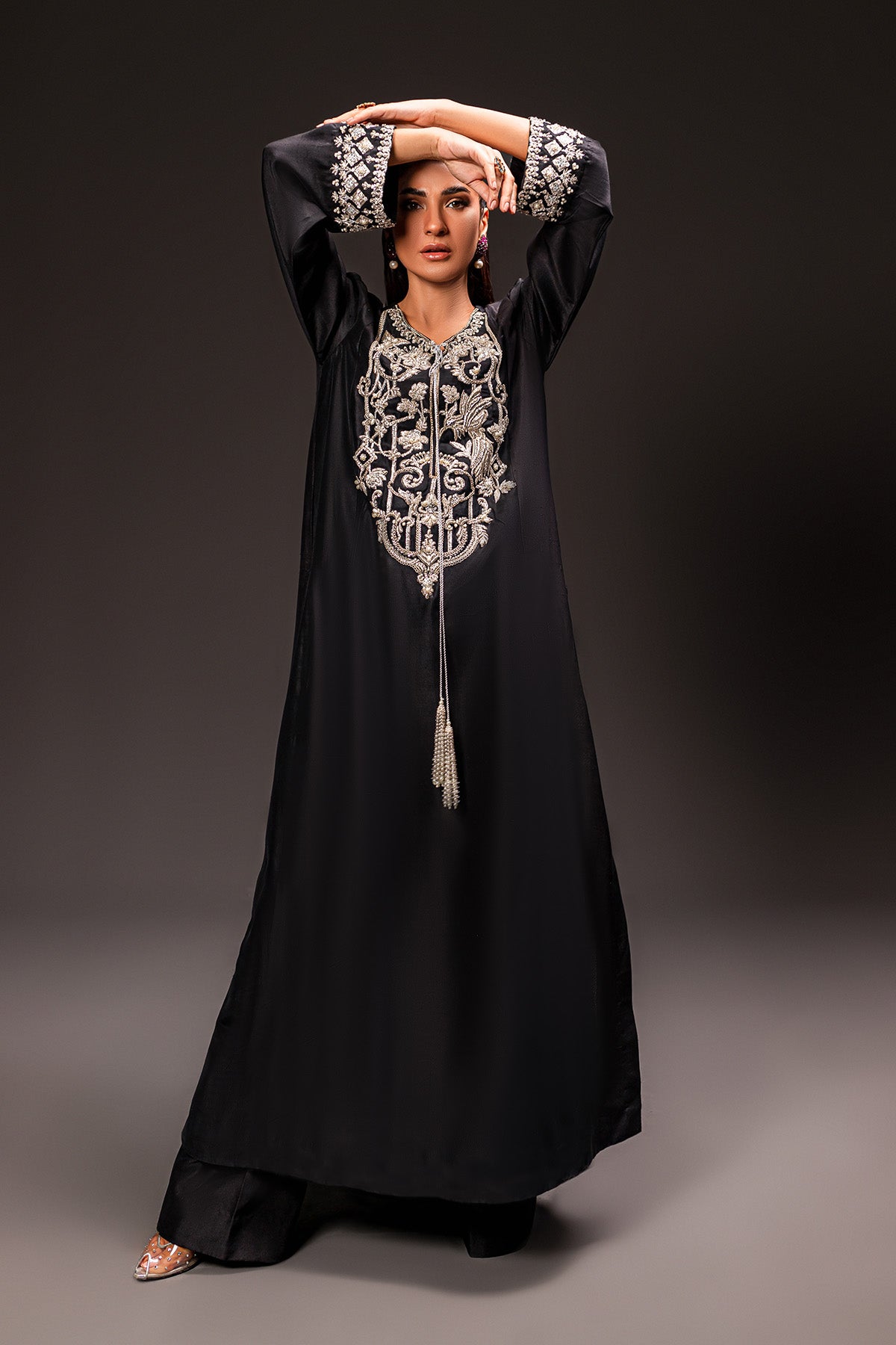 Pakistani Black Zardozi Embroidered Pure Raw Silk Kaftan (2-Piece) - Image 2