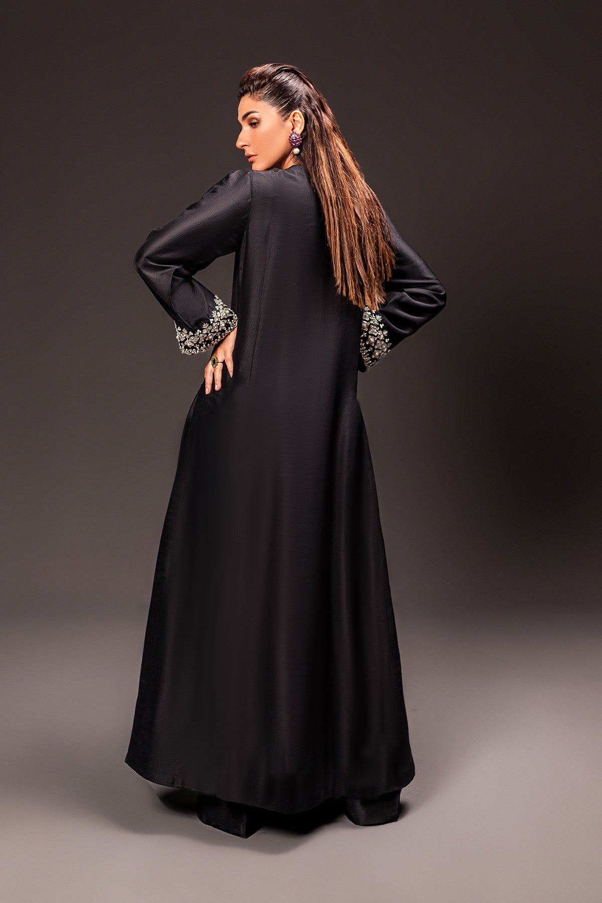 Pakistani Black Zardozi Embroidered Pure Raw Silk Kaftan (2-Piece) - Image 3