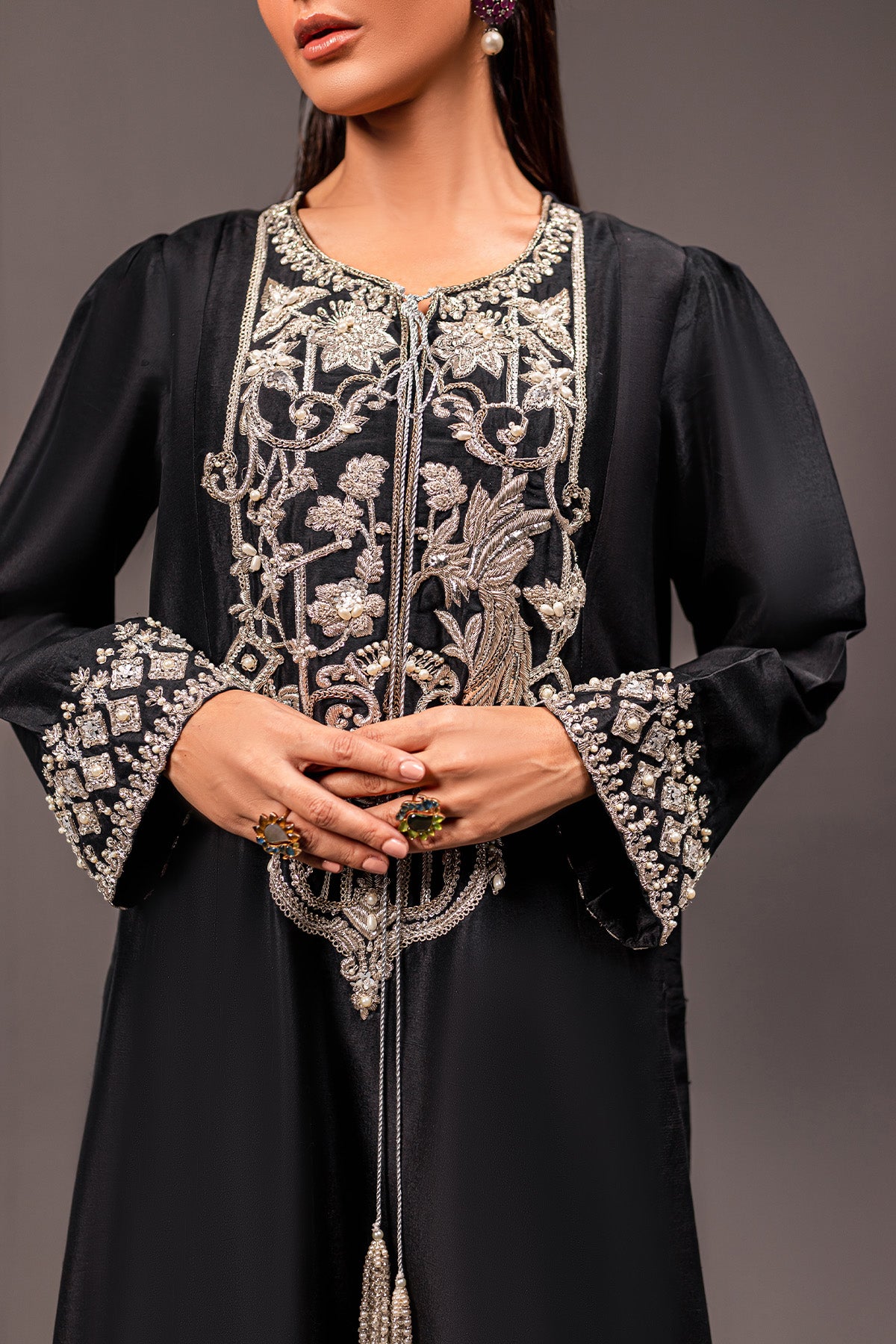Pakistani Black Zardozi Embroidered Pure Raw Silk Kaftan (2-Piece) - Image 5