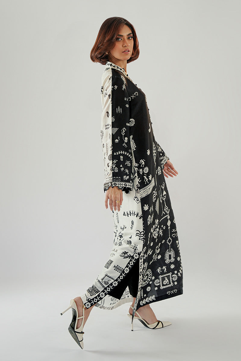 Black & Ivory Printed Pure Rawsilk Kaftan (1-Pc) - Image 3
