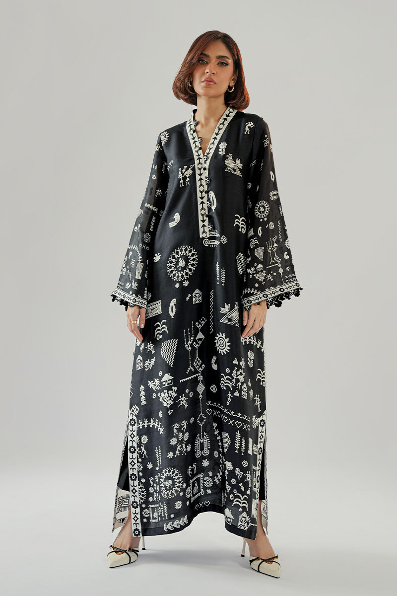 Black & Ivory Printed Pure Rawsilk Kaftan (1-Pc) - Image 4