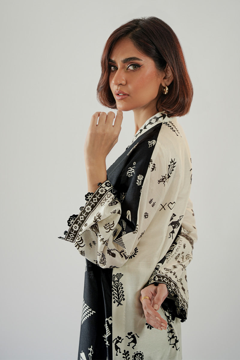 Black & Ivory Printed Pure Rawsilk Kaftan (1-Pc) - Image 5