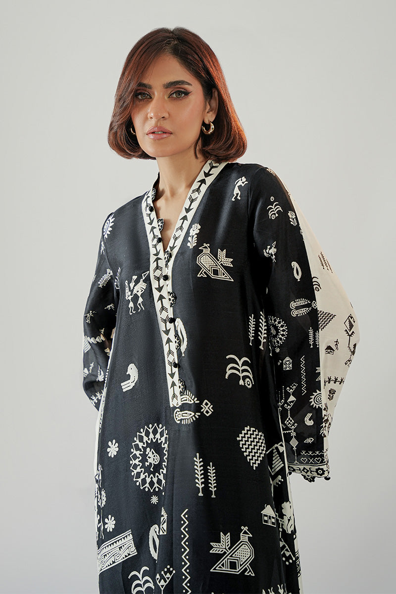 Black & Ivory Printed Pure Rawsilk Kaftan (1-Pc) - Image 6