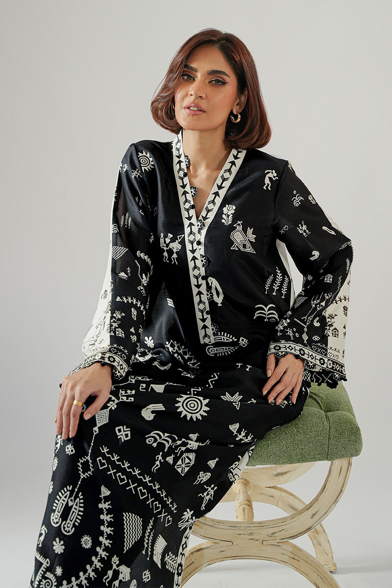 Black & Ivory Printed Pure Rawsilk Kaftan (1-Pc) - Image 7