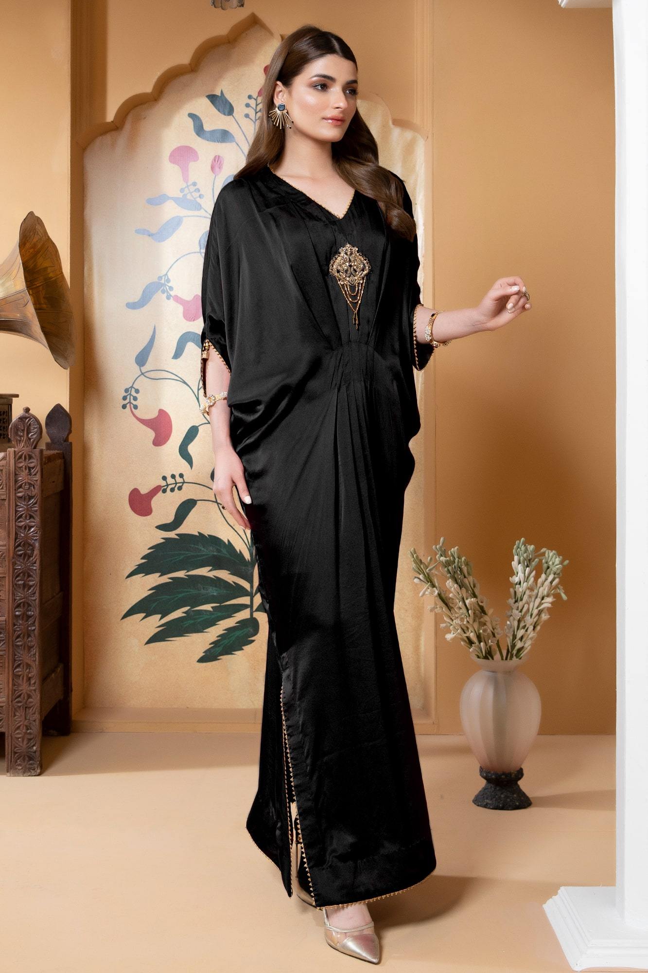 Black Handworked Satin Silk Kaftan (1-Pc) - Image 2