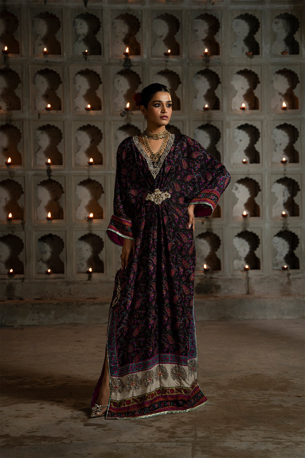 Pakistani Black Block-Printed Pure Silk Kaftan (1-Pc) - Image 1