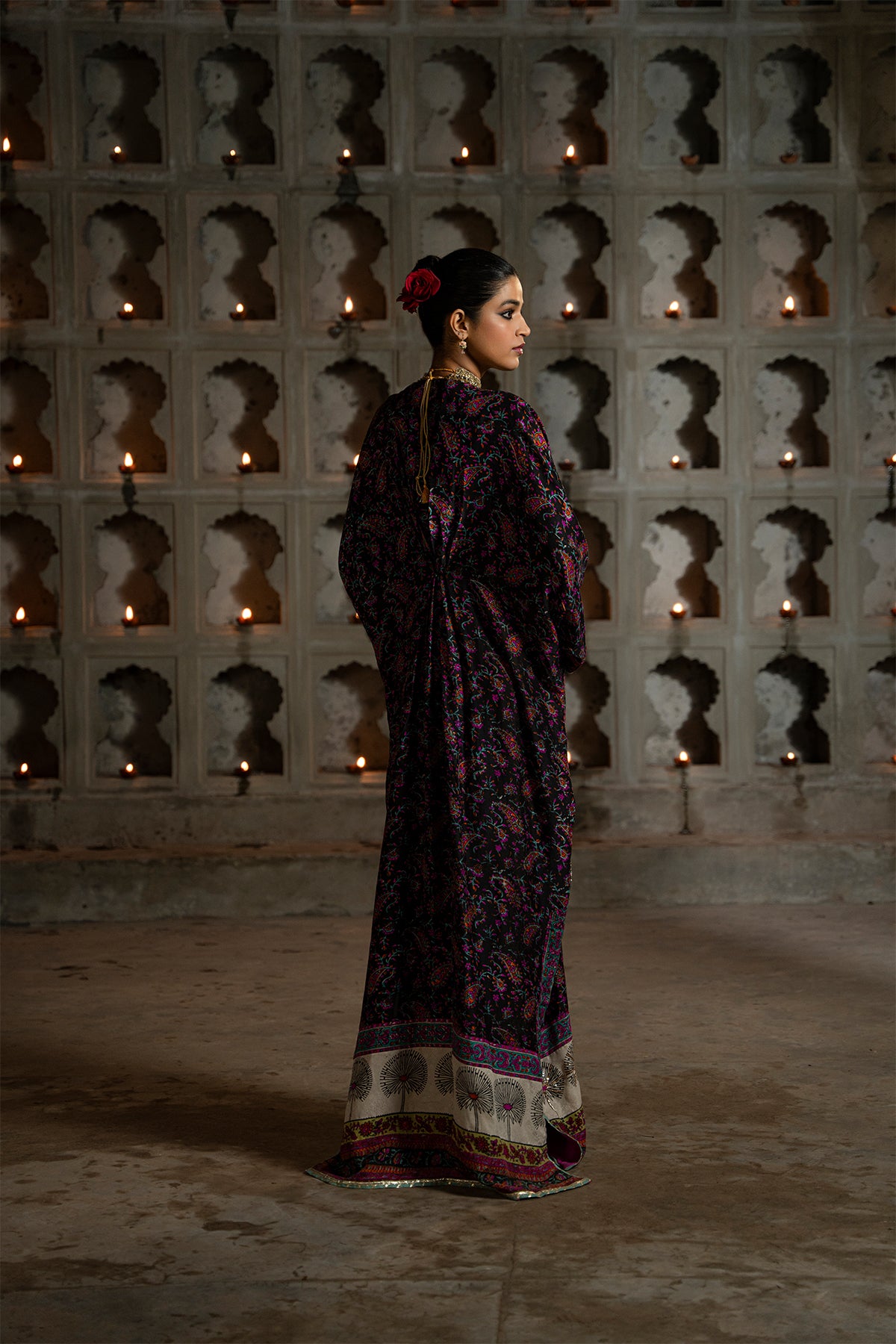 Pakistani Black Block-Printed Pure Silk Kaftan (1-Pc) - Image 2