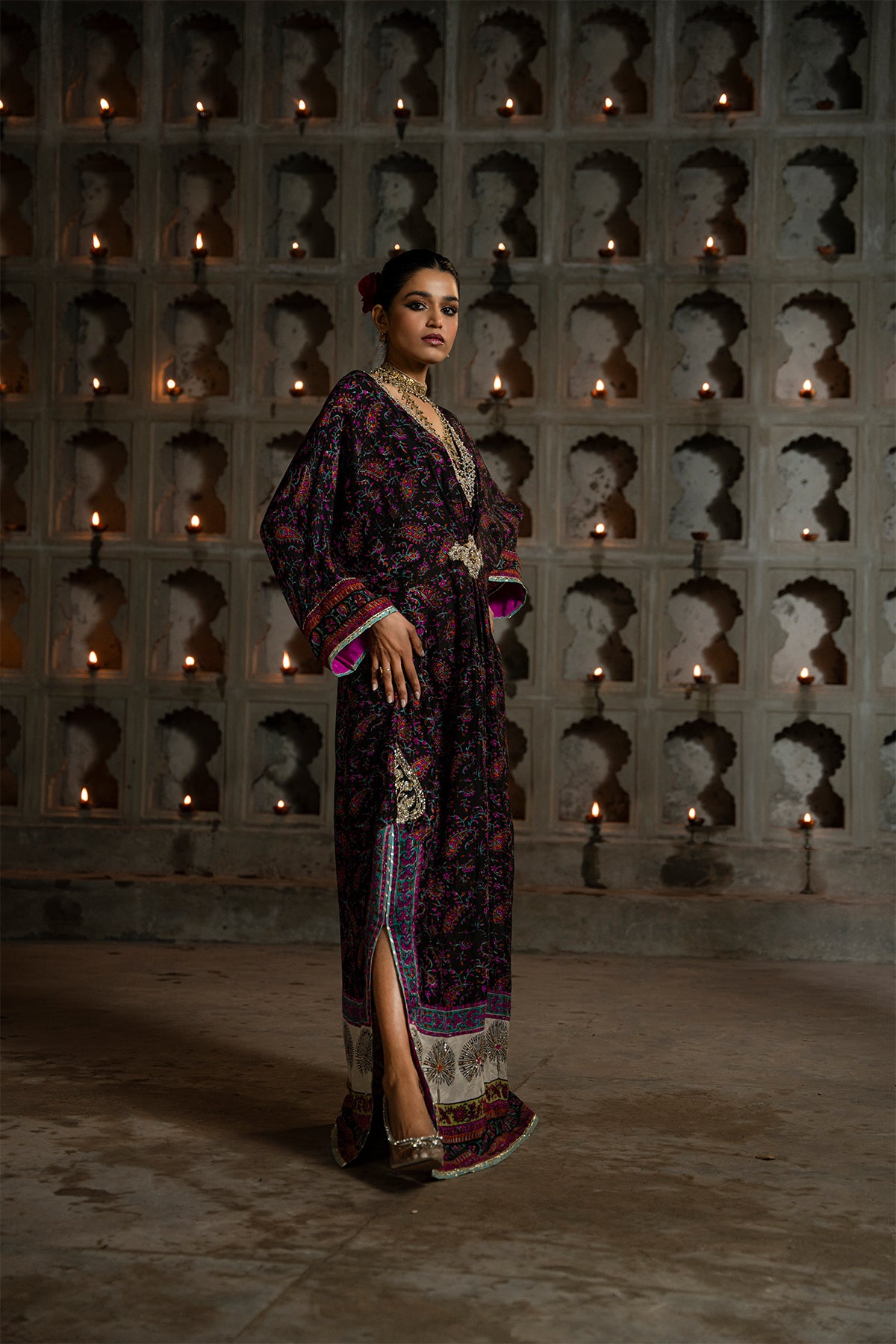 Pakistani Black Block-Printed Pure Silk Kaftan (1-Pc) - Image 3