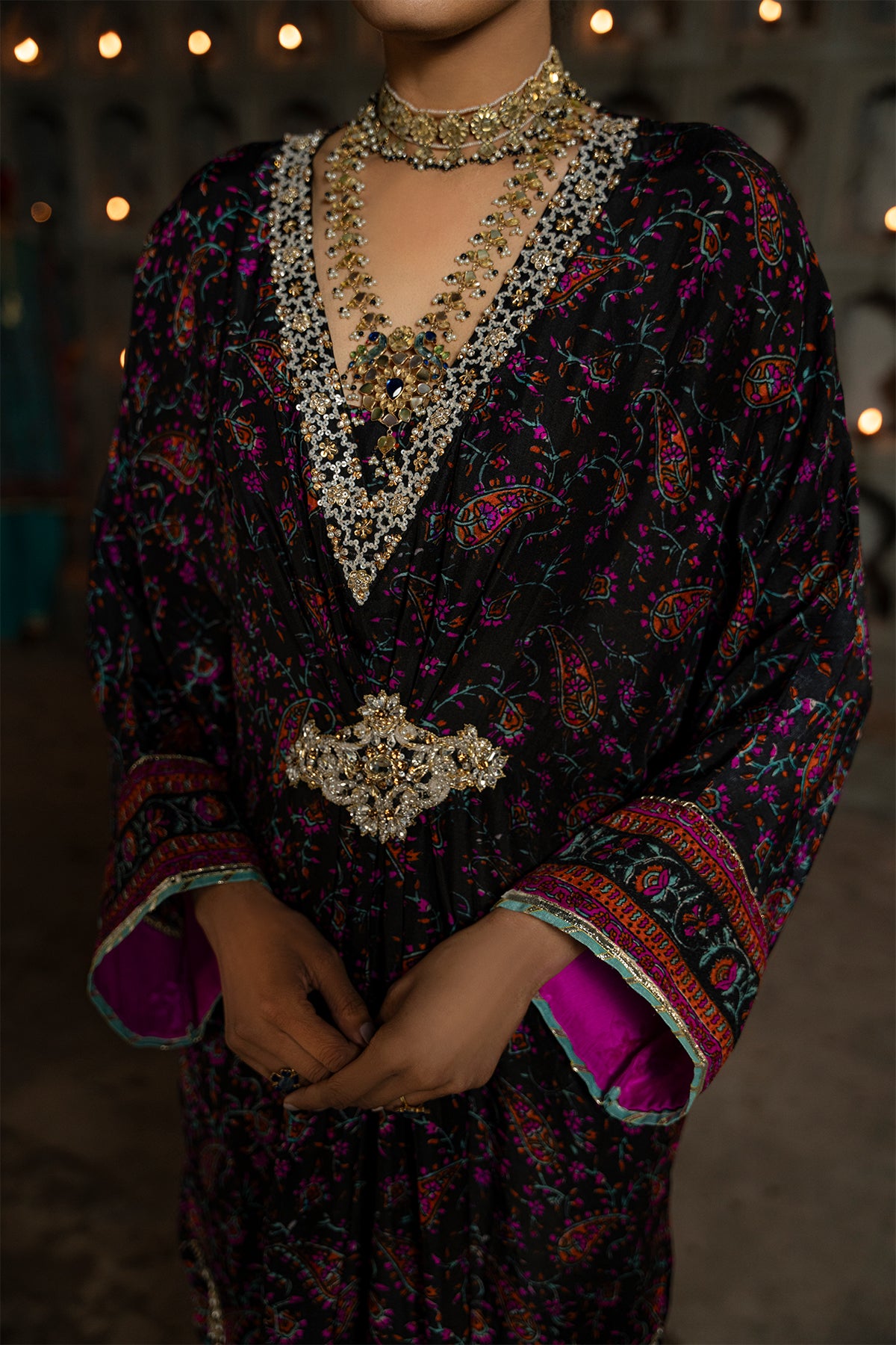 Pakistani Black Block-Printed Pure Silk Kaftan (1-Pc) - Image 4