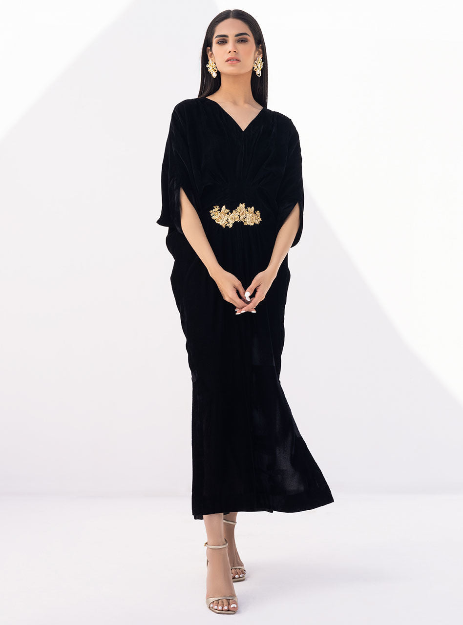 Black Hand-Embellished Velvet Kaftan (1-Pc) - Image 1