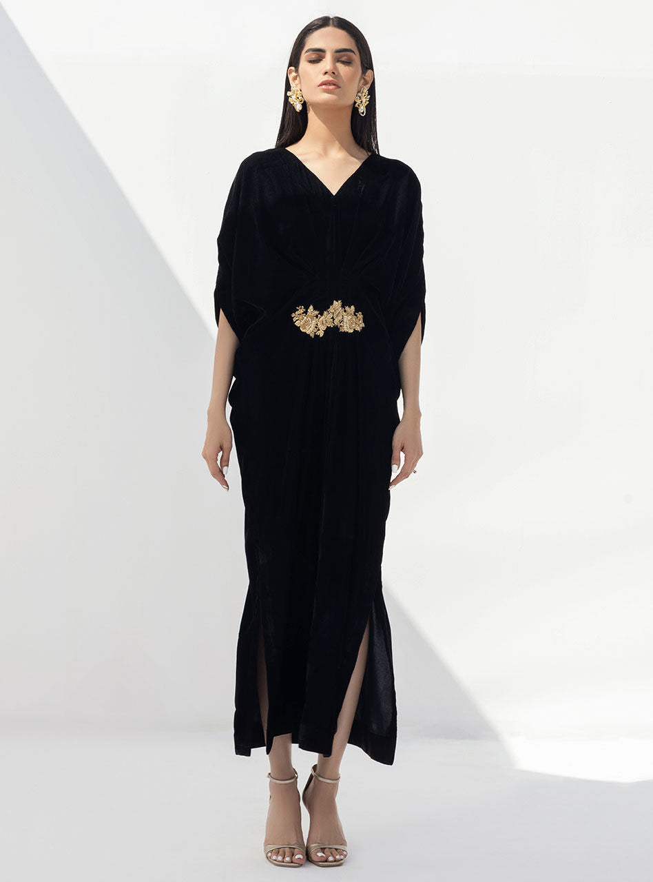 Black Hand-Embellished Velvet Kaftan (1-Pc) - Image 2