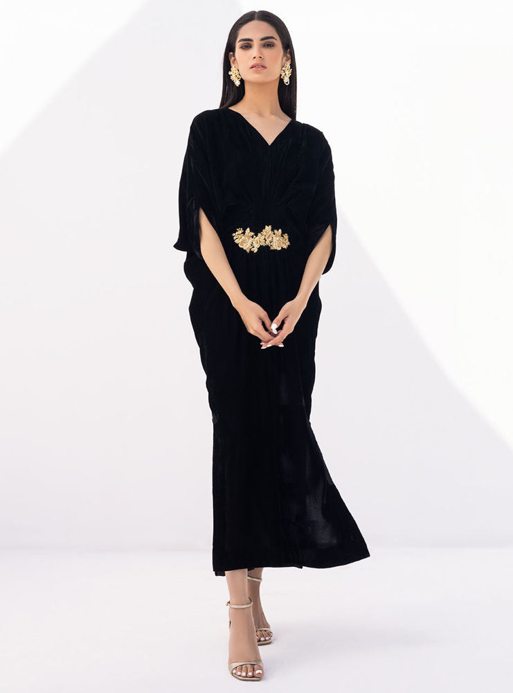 Black Hand-Embellished Velvet Kaftan (1-Pc) - Image 3