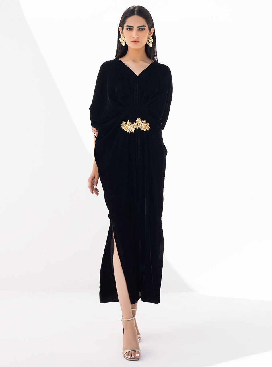 Black Hand-Embellished Velvet Kaftan (1-Pc) - Image 4