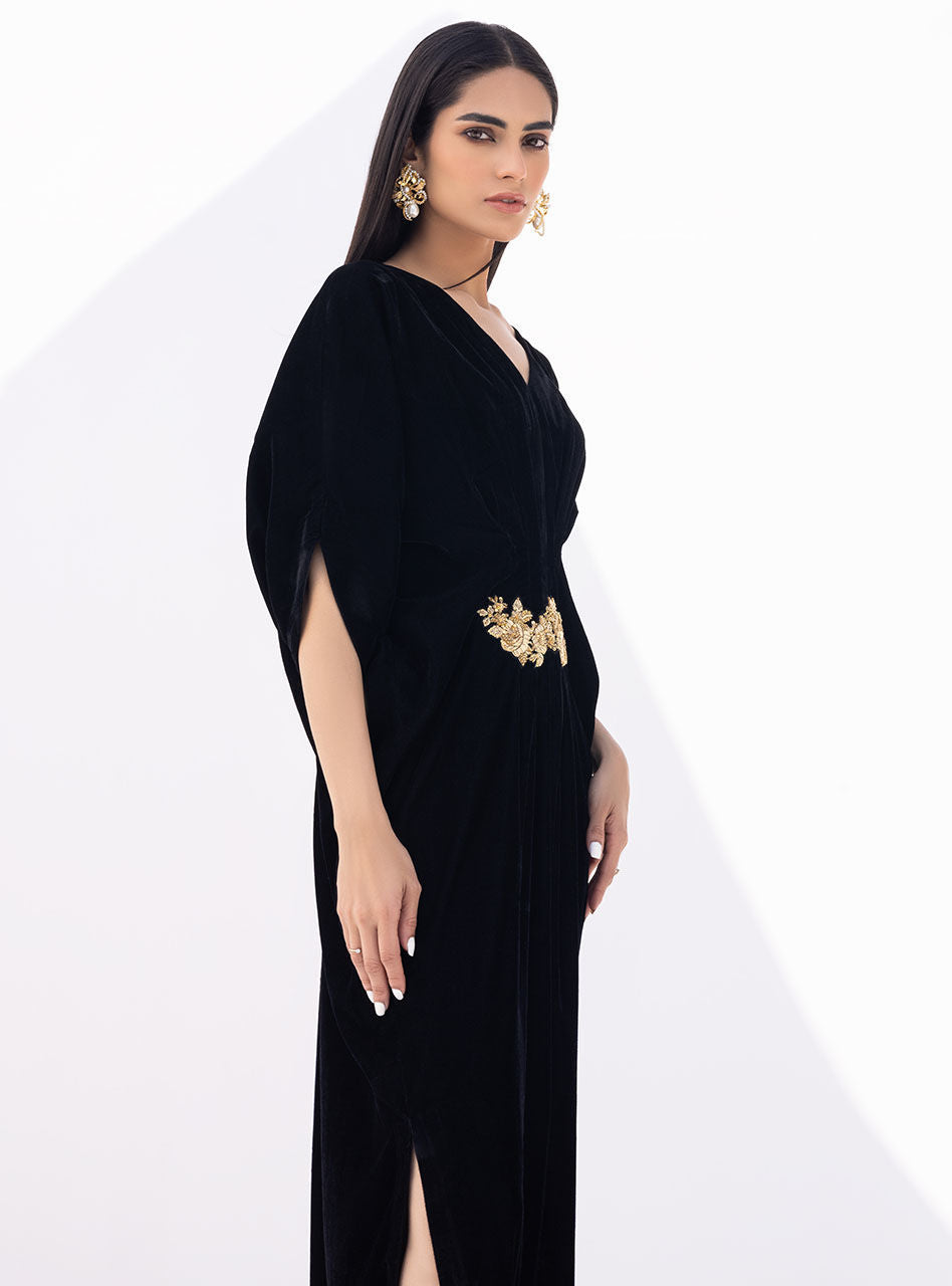 Black Hand-Embellished Velvet Kaftan (1-Pc) - Image 5