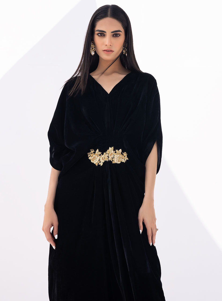 Black Hand-Embellished Velvet Kaftan (1-Pc) - Image 6