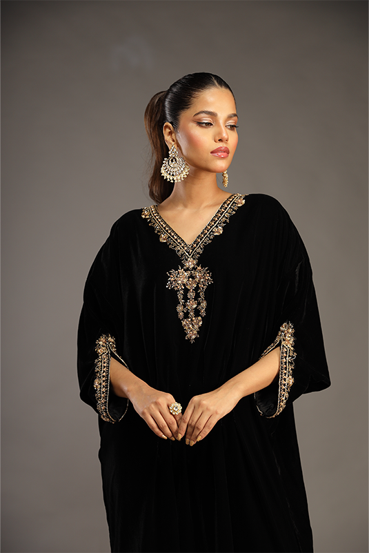 Pakistani Black Hand Embroidered Velvet Kaftan (1-Pc) - Image 1