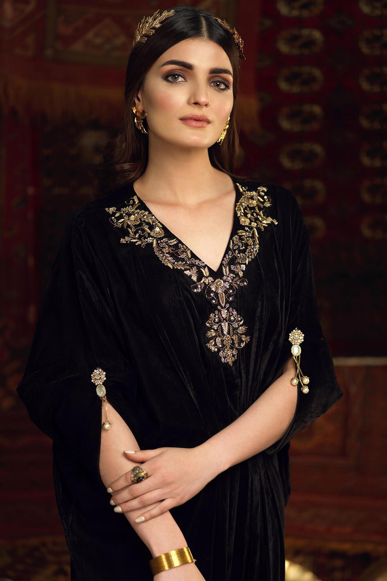 Black Embroidered Velvet Kaftan Dress (1-Pc) - Image 1