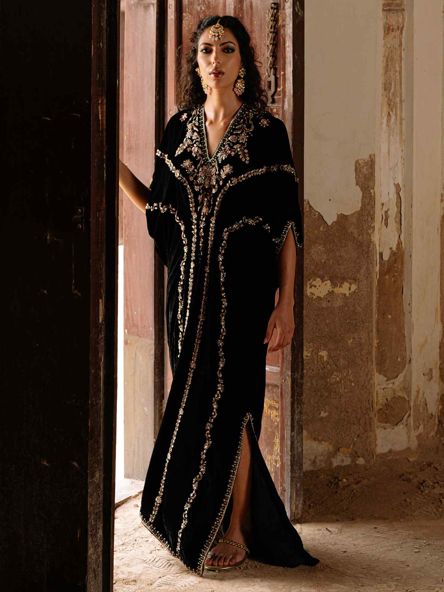 Pakistani Black Embroidered Velvet Kaftan (1-Pc) - Image 1
