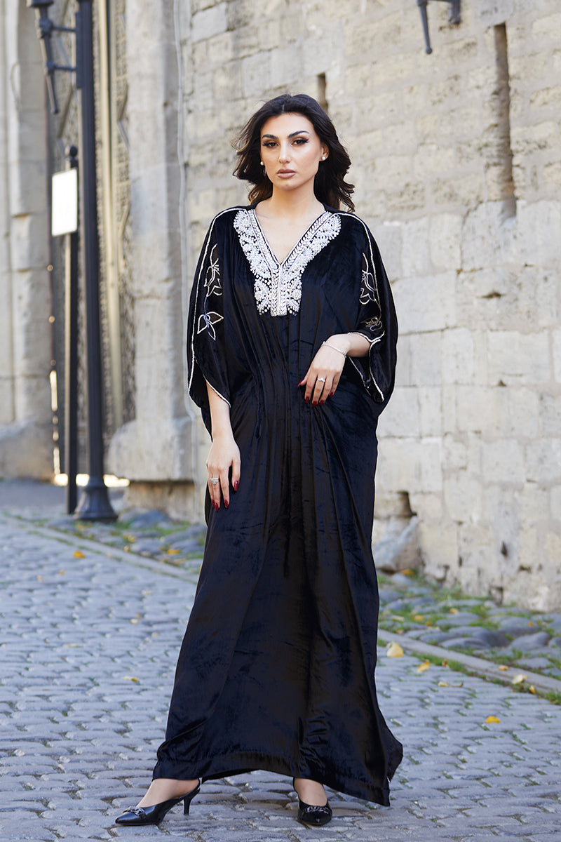 Black Embellished Velvet Kaftan (1-Pc) - Image 1