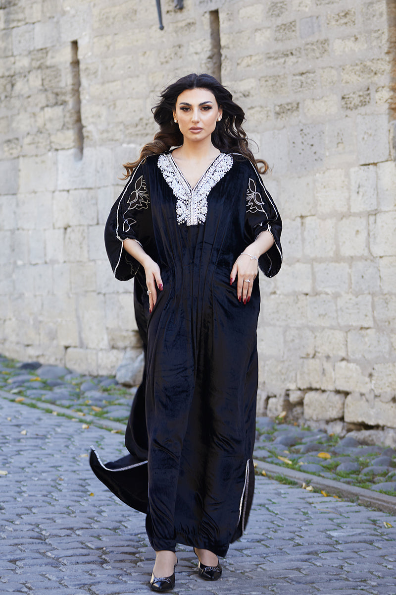 Black Embellished Velvet Kaftan (1-Pc) - Image 10