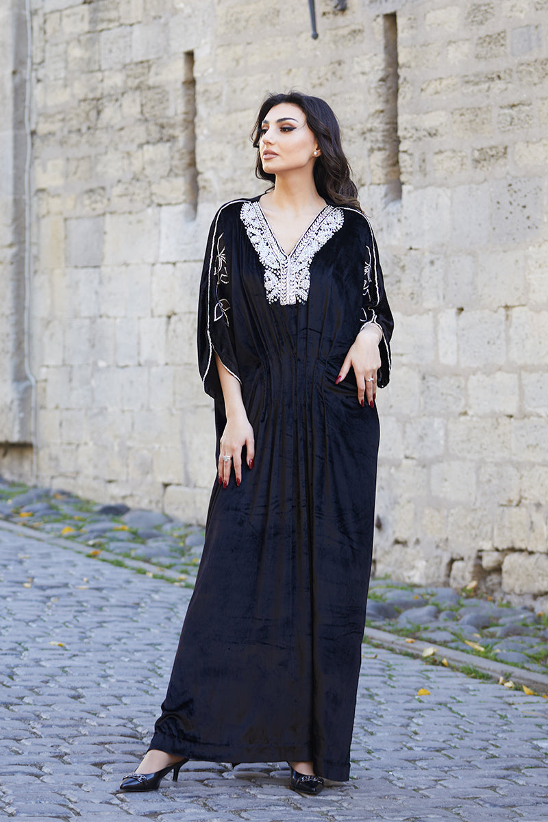 Black Embellished Velvet Kaftan (1-Pc) - Image 6