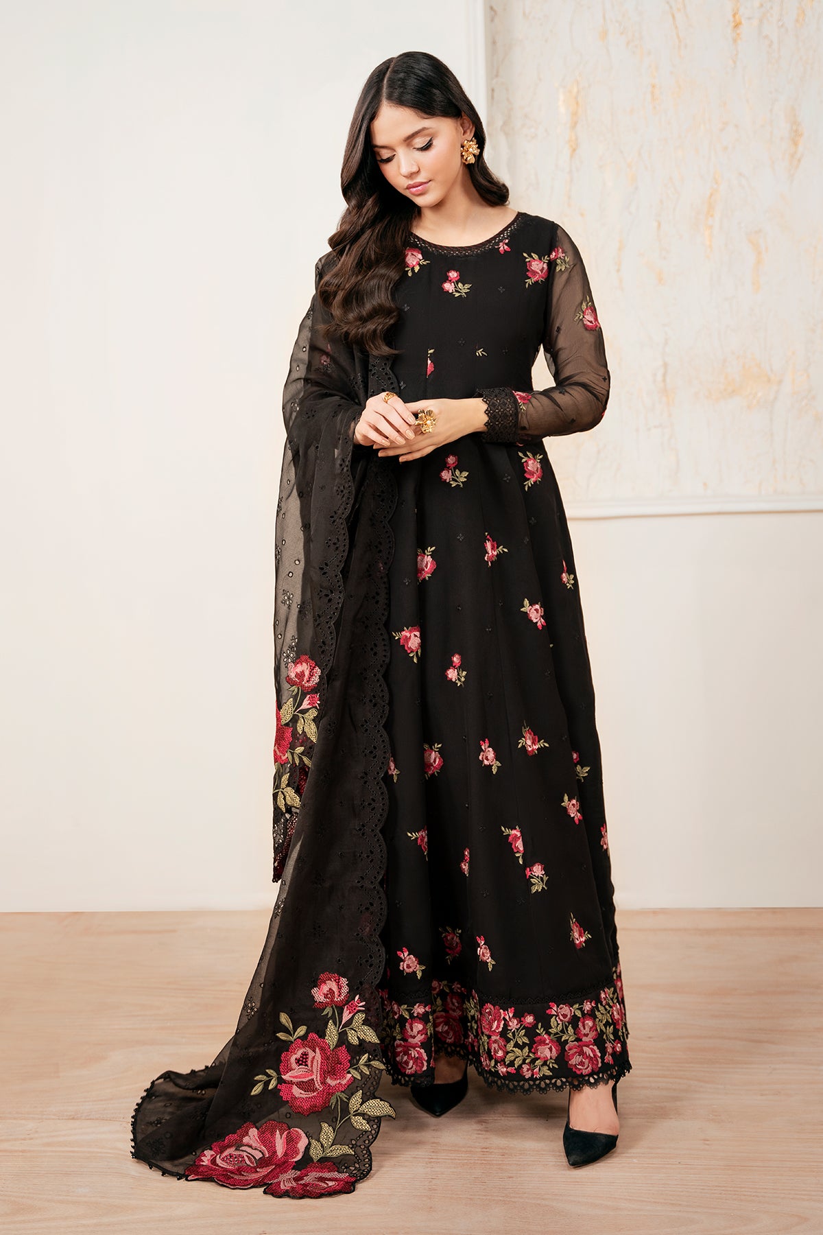 Black Embroidered Chiffon Kalidar Frock (3-Piece) - Image 1