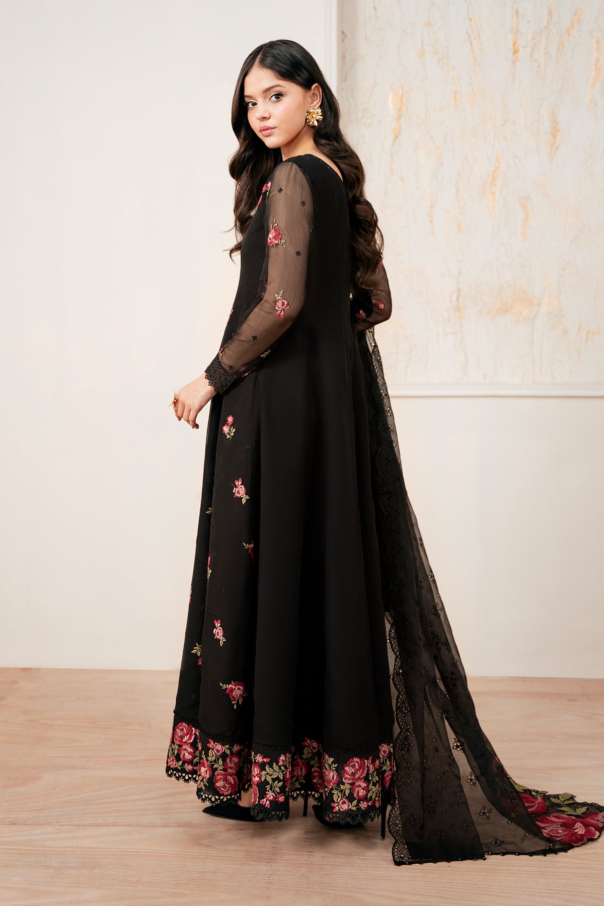 Black Embroidered Chiffon Kalidar Frock (3-Piece) - Image 2