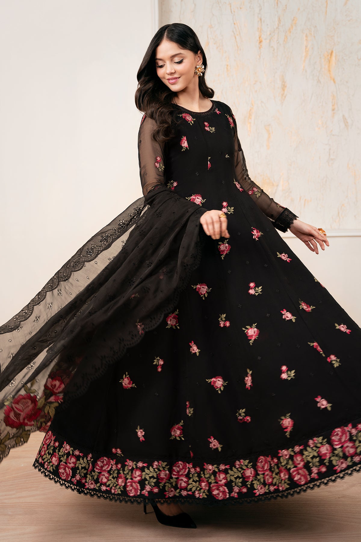 Black Embroidered Chiffon Kalidar Frock (3-Piece) - Image 3