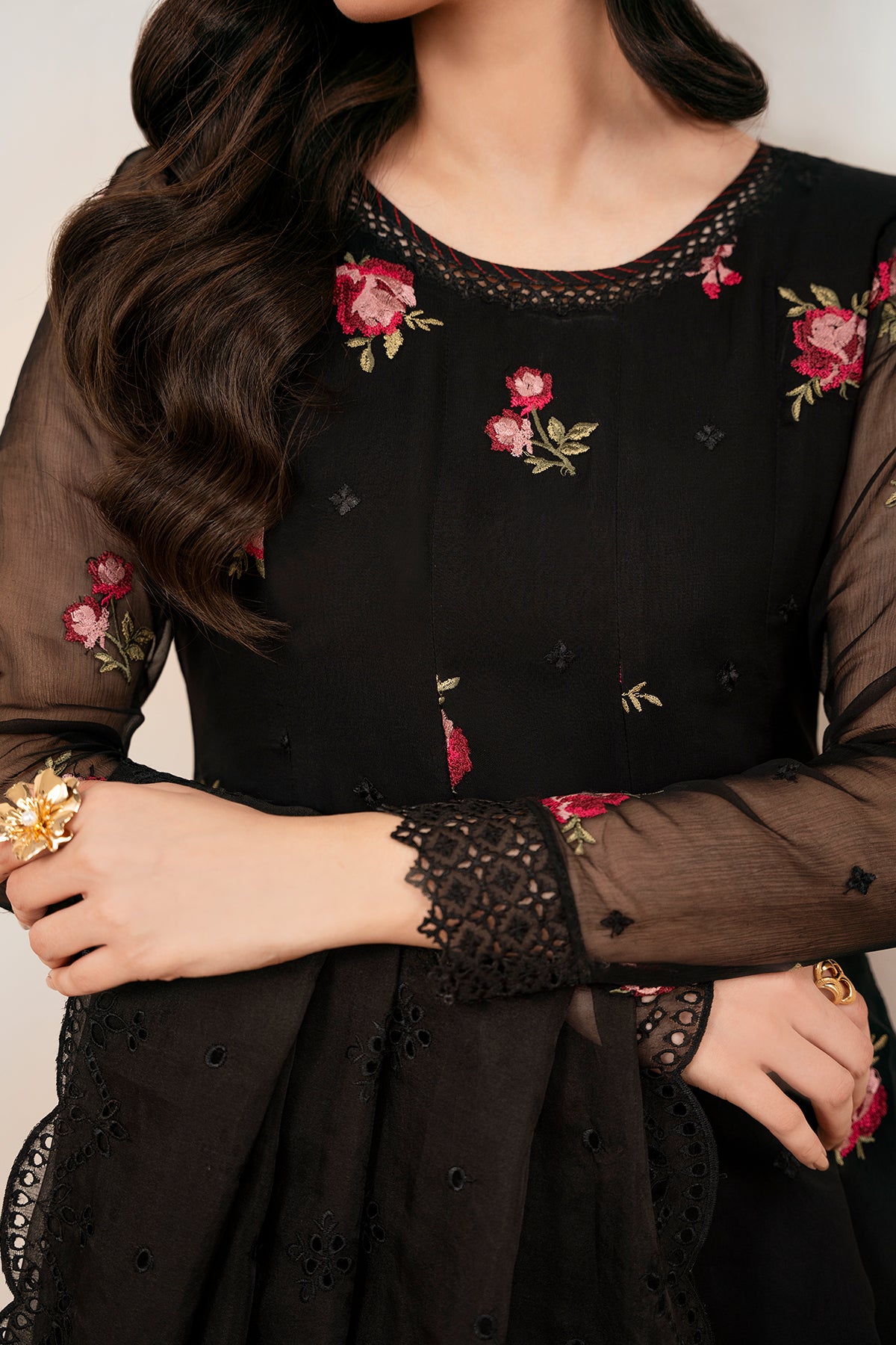 Black Embroidered Chiffon Kalidar Frock (3-Piece) - Image 4