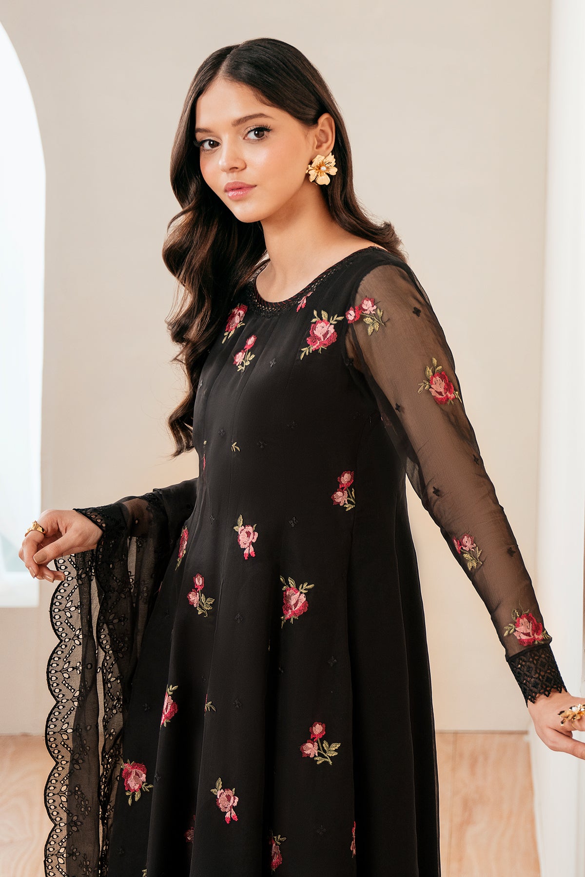 Black Embroidered Chiffon Kalidar Frock (3-Piece) - Image 5