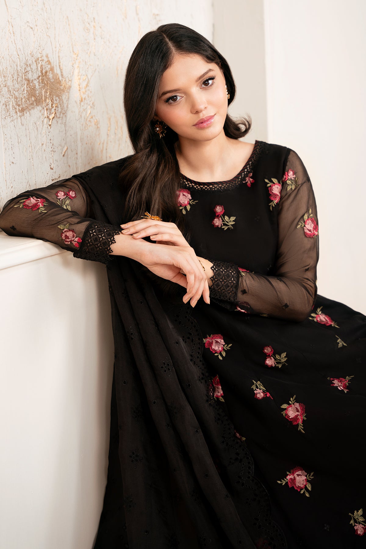 Black Embroidered Chiffon Kalidar Frock (3-Piece) - Image 6