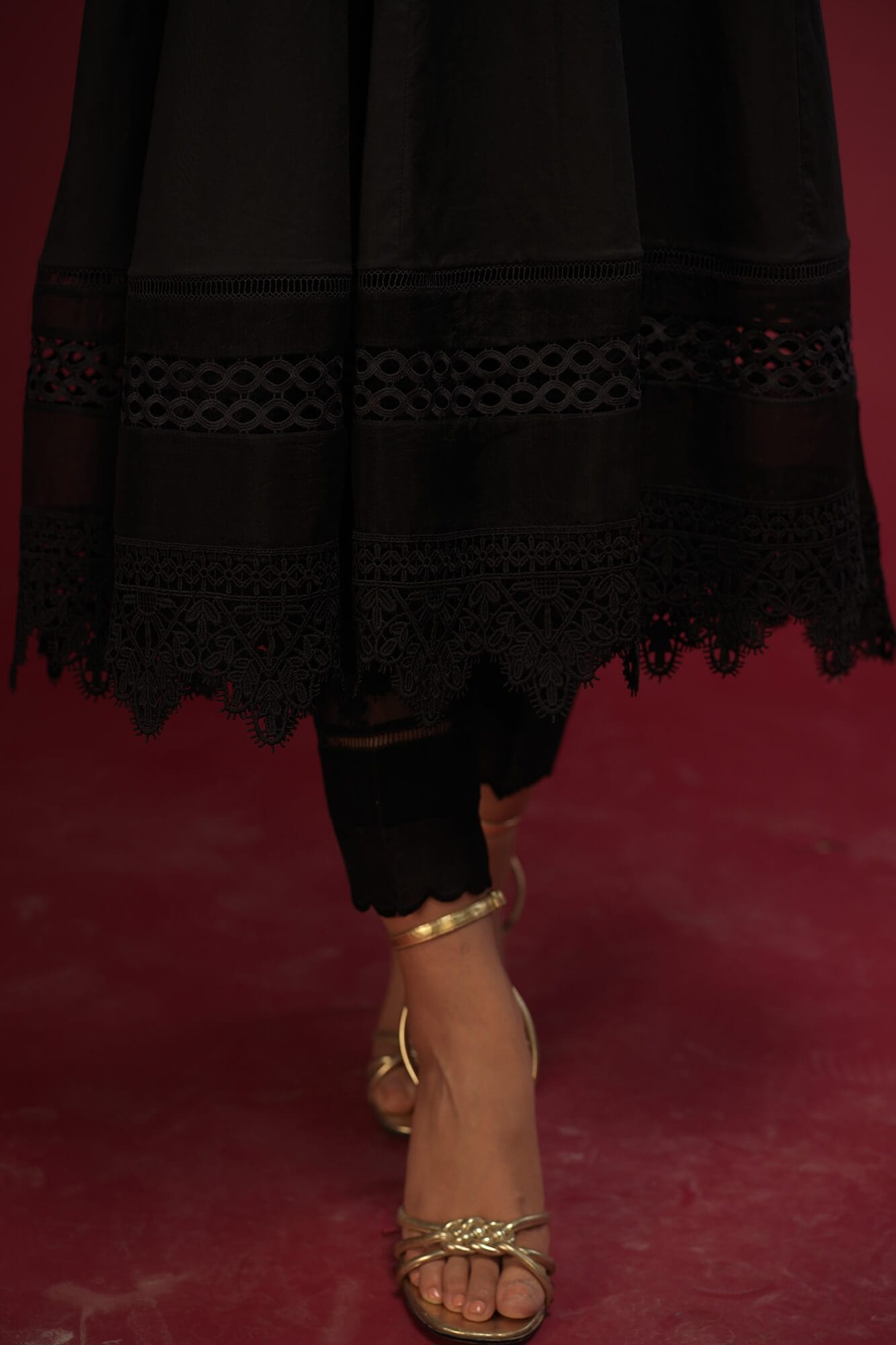 Pakistani Black Lace Cotton Lawn Kalidar Dress (3-Piece) - Image 1