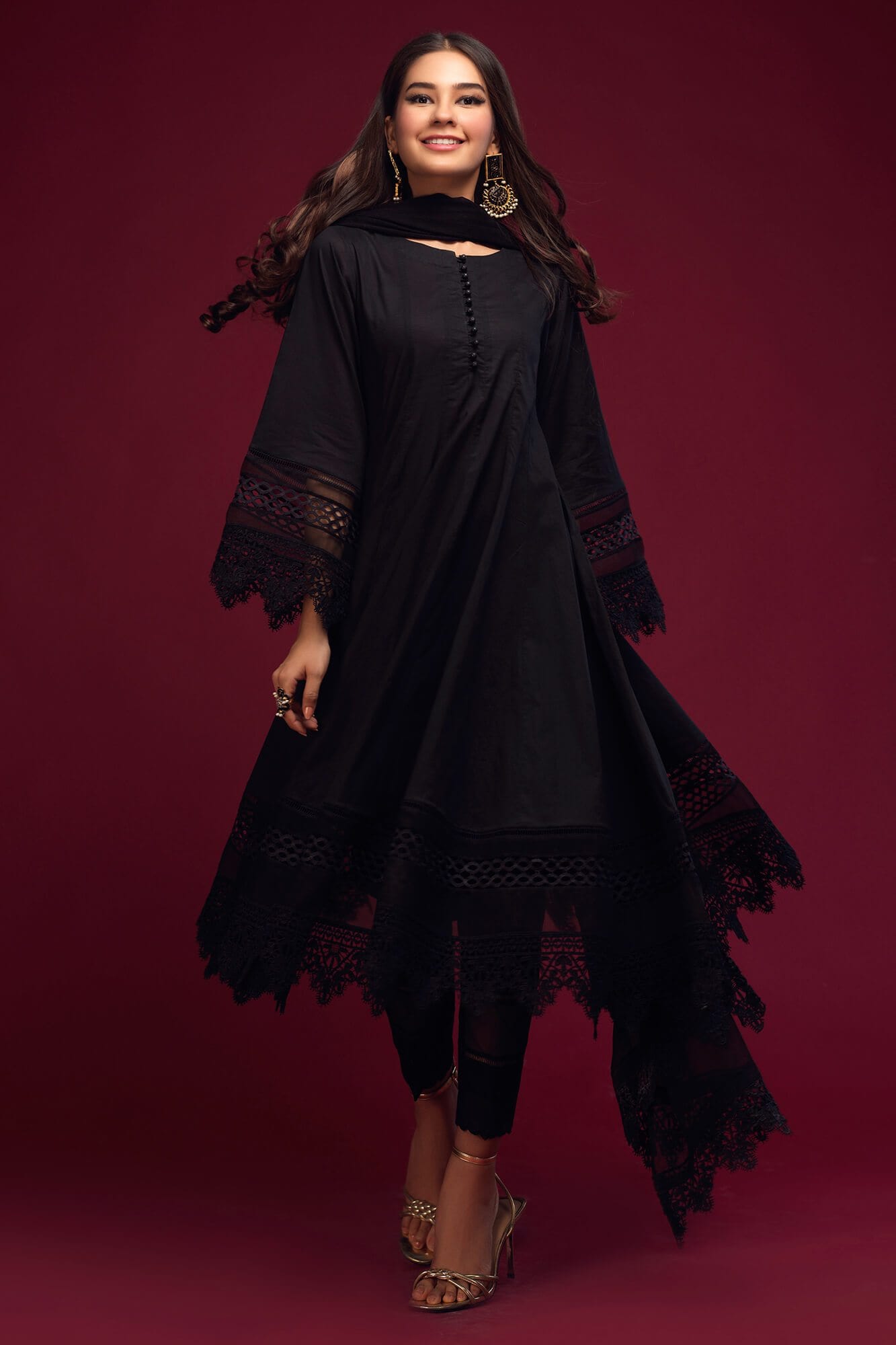 Pakistani Black Lace Cotton Lawn Kalidar Dress (3-Piece) - Image 2