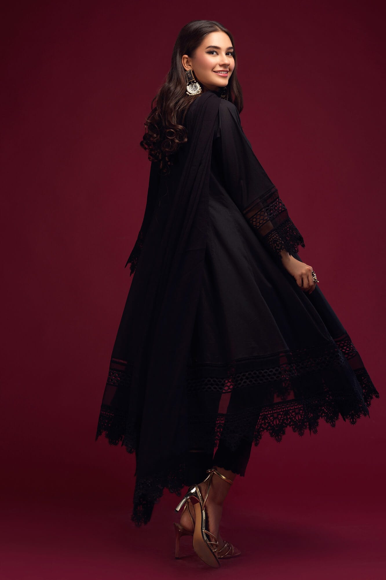 Pakistani Black Lace Cotton Lawn Kalidar Dress (3-Piece) - Image 3