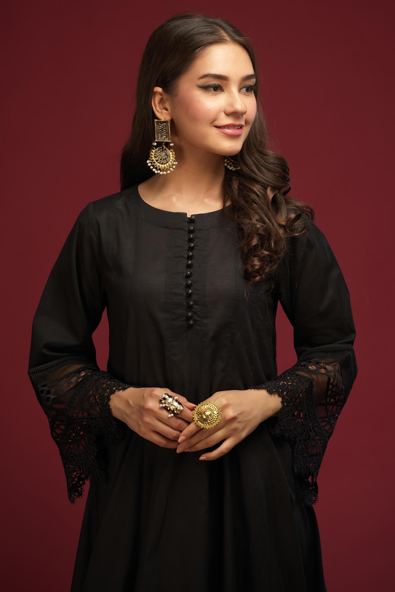 Pakistani Black Lace Cotton Lawn Kalidar Dress (3-Piece) - Image 4