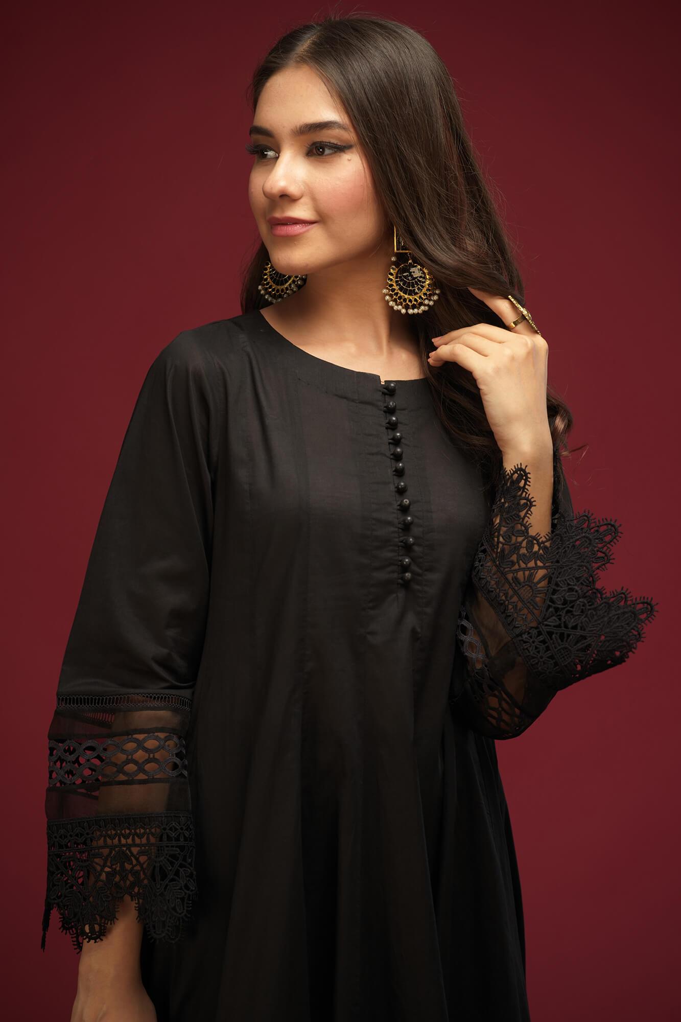 Pakistani Black Lace Cotton Lawn Kalidar Dress (3-Piece) - Image 5