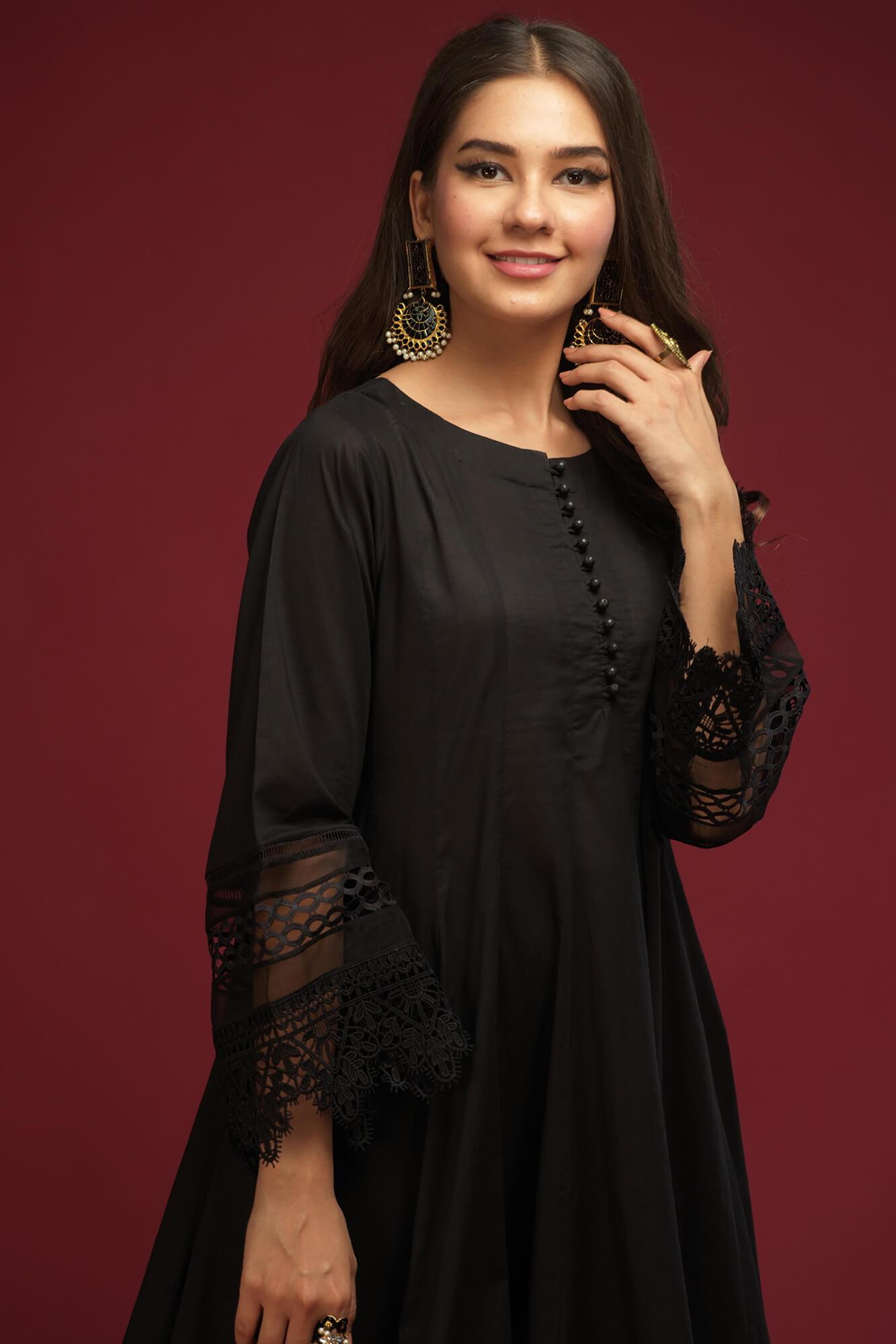 Pakistani Black Lace Cotton Lawn Kalidar Dress (3-Piece) - Image 6