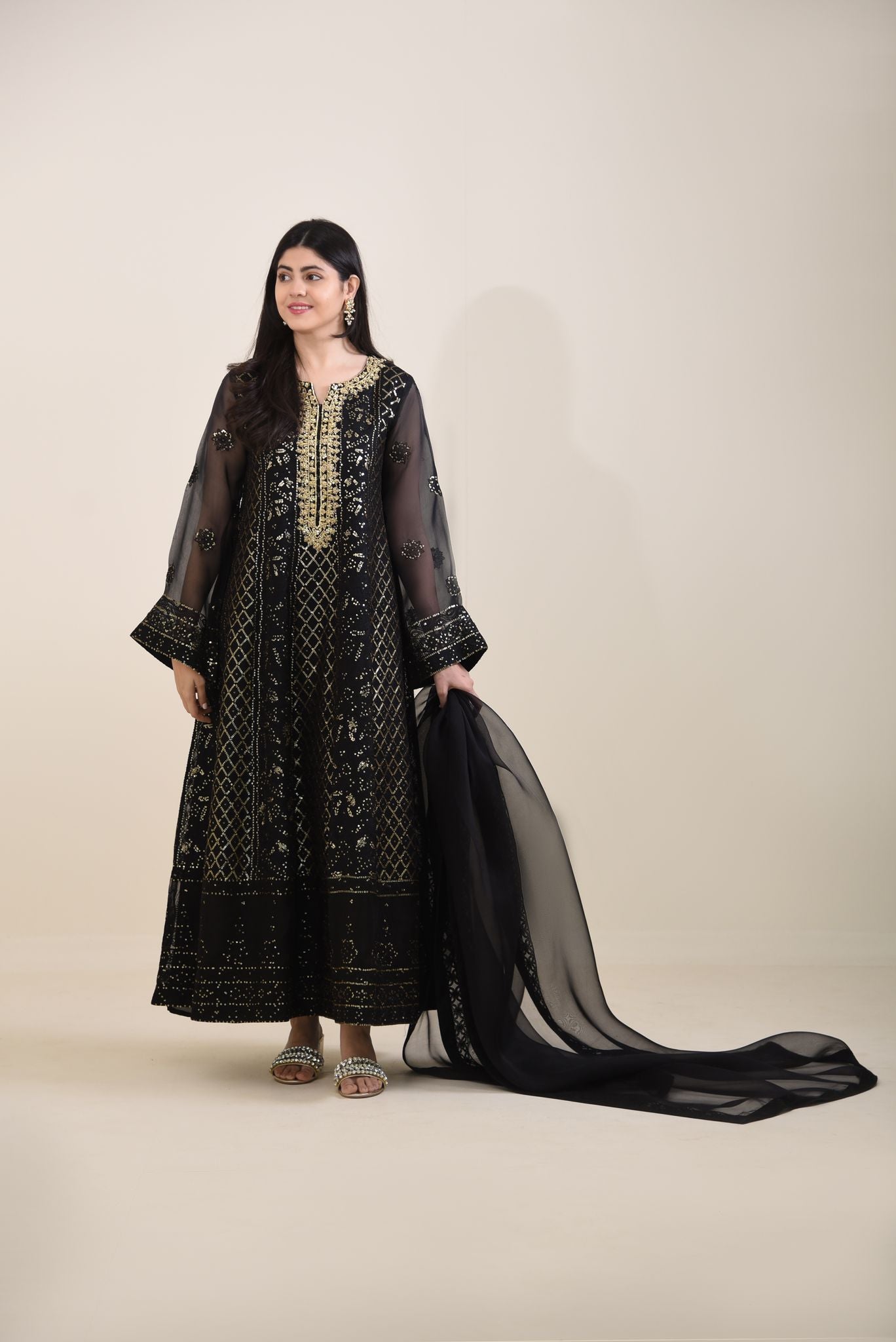 Black Chikankari Cotton Net Kalidaar (2-Piece) - Image 1