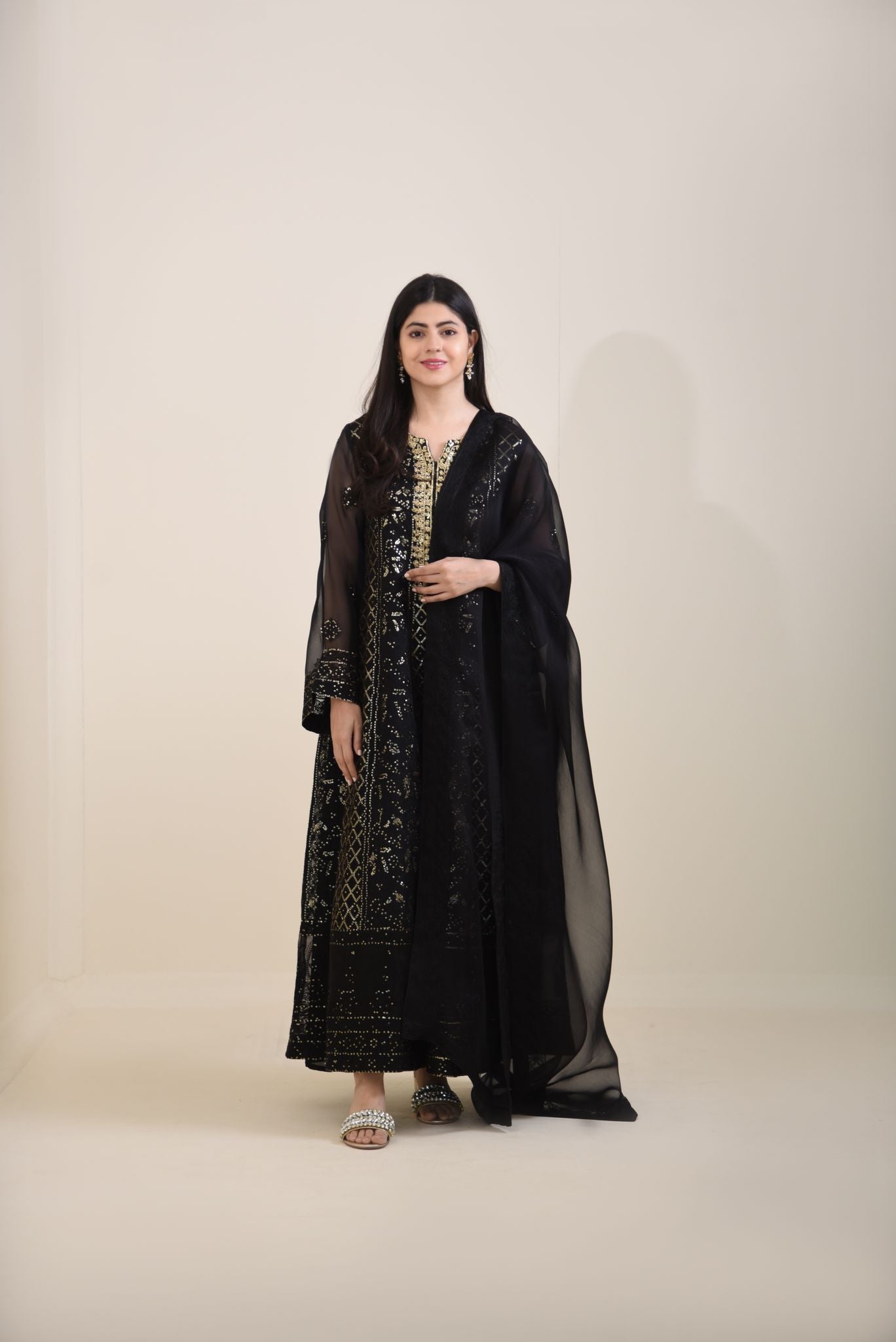 Black Chikankari Cotton Net Kalidaar (2-Piece) - Image 3