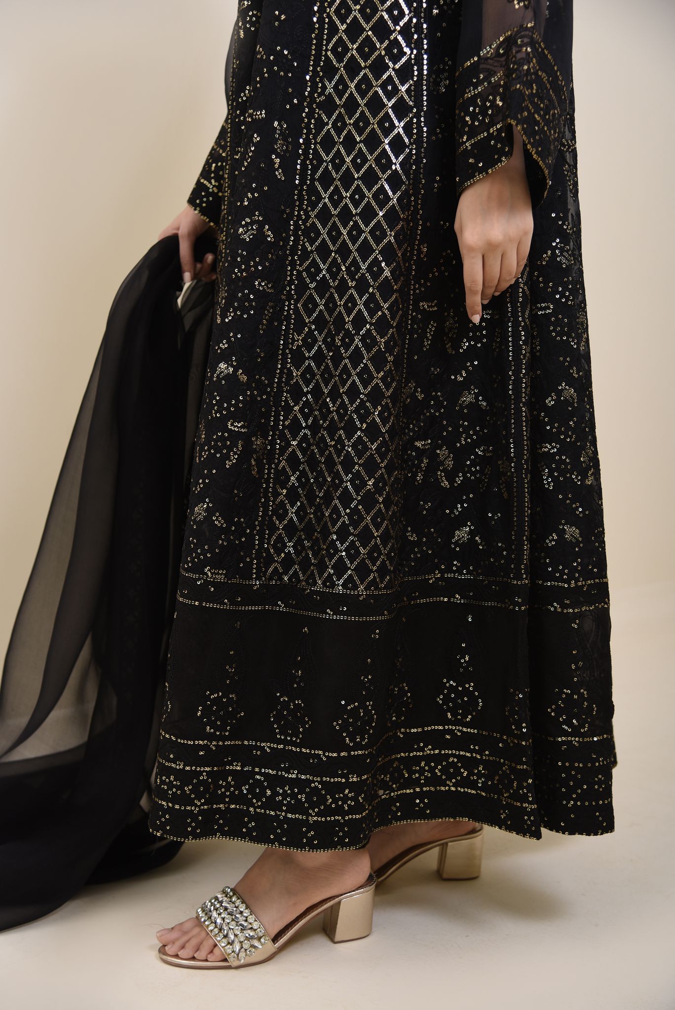 Black Chikankari Cotton Net Kalidaar (2-Piece) - Image 4