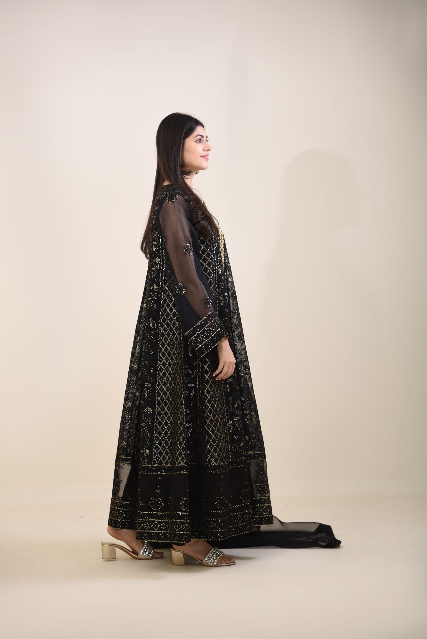 Black Chikankari Cotton Net Kalidaar (2-Piece) - Image 5