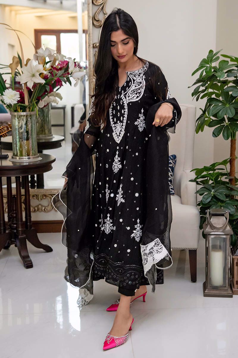 Pakistani Black Mirror Work Cotton Net Kalidar (3-Piece) - Image 1